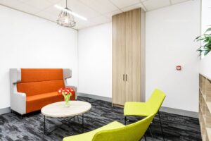 Concept commercial interiors Office Fitouts orange chair lime green chair