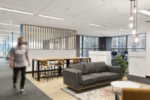 Concept commercial interiors Office Fitouts breakout grey leather couch